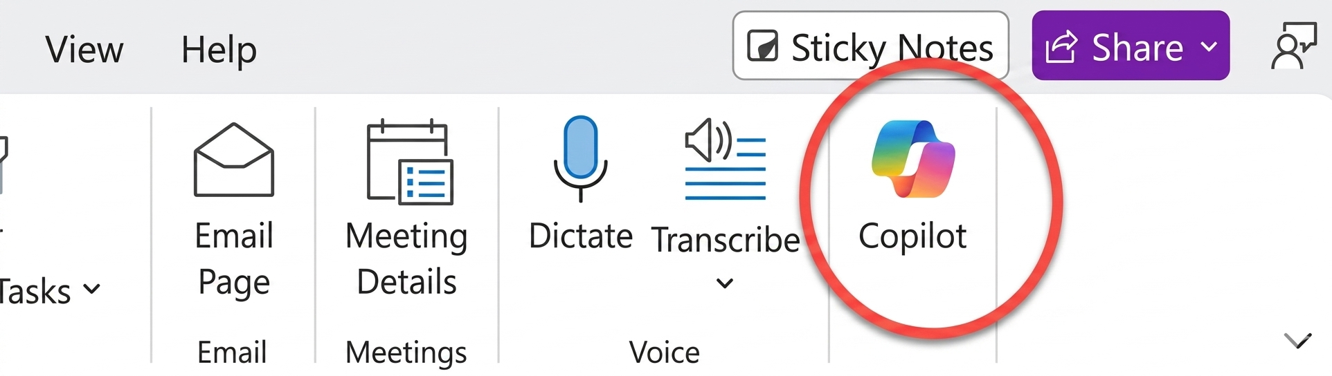 The Copilot button in the Microsoft 365 Home tab ribbon