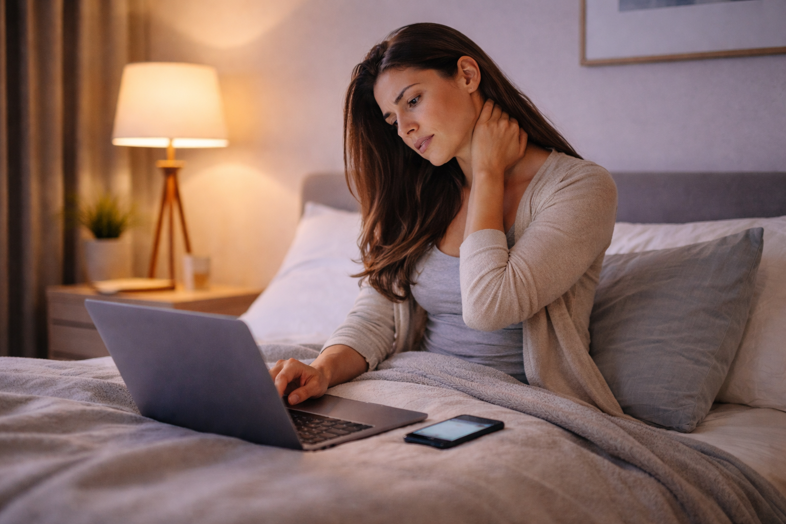 Patient researching physiotherapy clinics late at night with neck pain